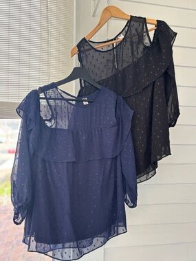 Old Navy Navy & Black Sheer Ruffle Dot Blouse Duo
